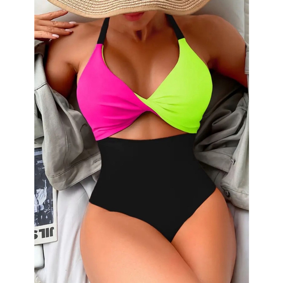 Color Block Cross Back Monokini Bathing Suit - Picture 1 of 4
